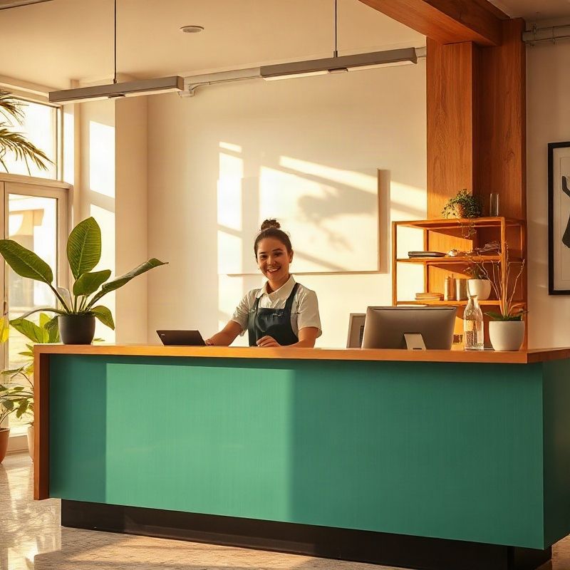 Atendente à recepção teal-moderna da Swiftkbeta